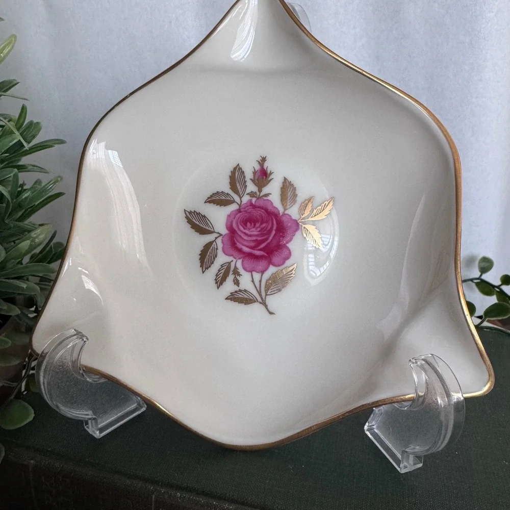 Vintage Lenox Pink Rose Trinket Dish Gold Trim Porcelain Ash Tray USA Made